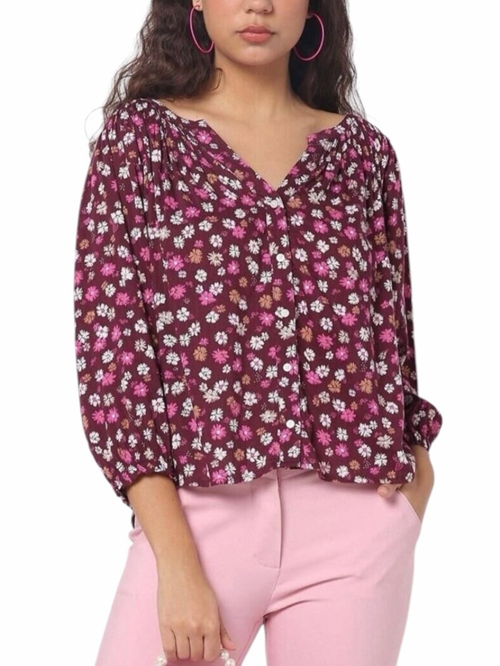 GAP Floral Peasant Blouse Burgundy Pink Boho Cottagecore Top Size Large